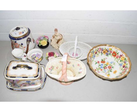 Mixed Lot: Various assorted ceramics to include cheese dish, biscuit barrel, various porcelain model flowers, decorated bowls