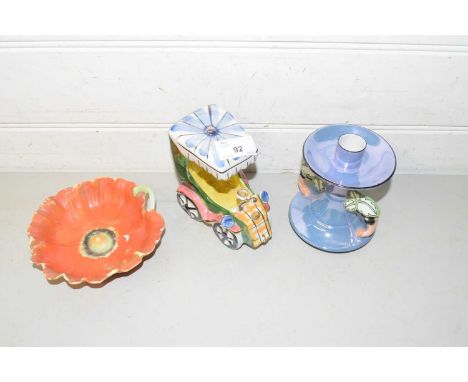 Mixed lot comprising a Noritaki lustre finish candlestick together with a flower formed dish and a Italian pottery model of a