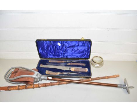 Mixed Lot: Cased carving set, shooting stick, walking stick and a glass bowl