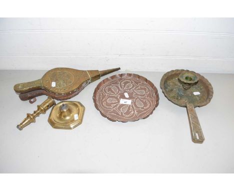 Mixed Lot: Copper and brass wares to include fire bellows, small serving tray, chamber stick etc