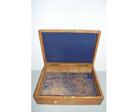 Light oak and brass bound former cutlery canteen lacking any interior fittings