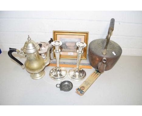 Mixed Lot: Copper kettle, various silver plated wares, vintage rulers, framed coloured print of a country house