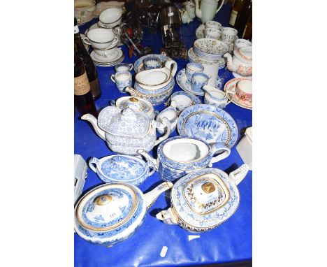 Collection of 19th Century blue transfer printed tea wares to include Minton Willow Pattern teapot, Spode teapot, Davenport, 