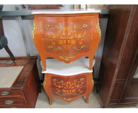 A pair of reproduction Dutch Bombe commode chests with marble top over two drawers 