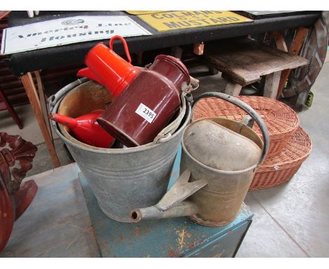 A selection of galvanised and enamel wares including a fire bucket 