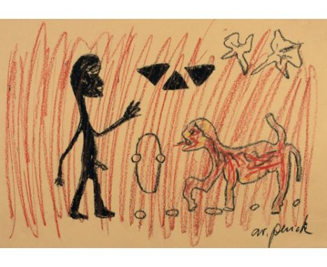 A. R. Penck. Dompteur mit Tiger. Farbige Kreidezeichnung. 35 : 49,7 cm. Signiert. In ihrer Gegenständlichkeit recht rätselhaf