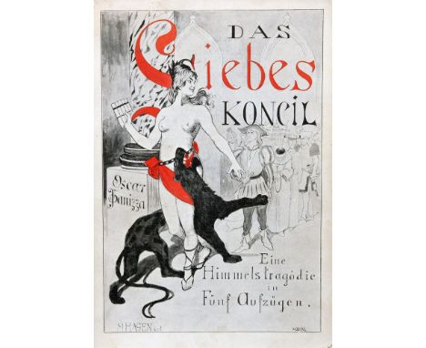 Oskar Panizza. Das Liebeskonzil. Eine Himmelstragödie in fünf Aufzügen. Zürich, Verlags-Magazin (J. Schabelitz) 1895. Weinrot