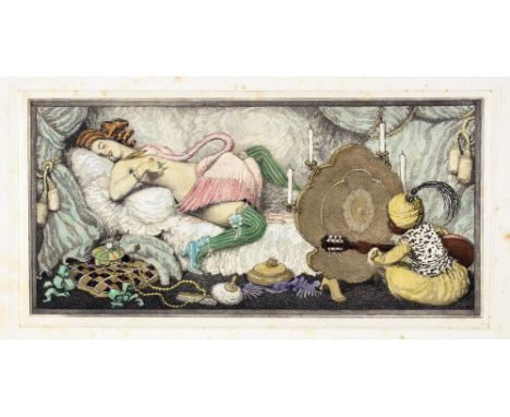Hans Pellar. Der verliebte Flamingo. Zehn galante Zeichnungen. Ohne Ort, D u R B 1923. Zehn kolorierte Radierungen. Mit Texth