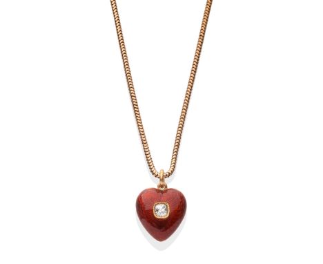 A Red Enamel Diamond Set Heart Pendant, an old cut diamond in a yellow star setting to a red guilloche enamel heart, with a g
