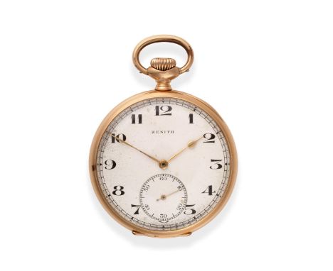A 14ct Gold Open Faced Pocket Watch, signed Zenith, circa 1925, lever movement signed and numbered 2392793, blued overcoil ha