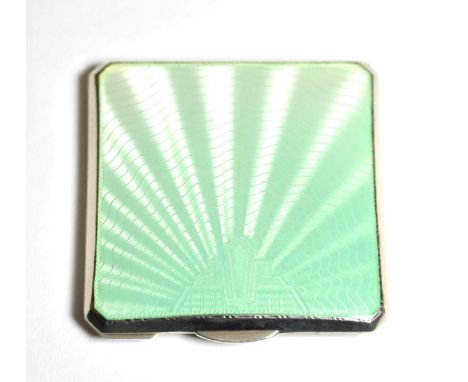 An Art Deco Enamelled White Metal Compact, of square form with engine turned geometric decoration, with presentation inscript