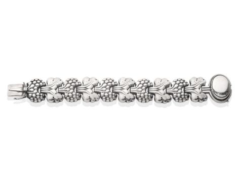 A Silver Georg Jensen 'Paris' Bracelet, model number 30, formed of alternating bunches of grapes and leaves to an oval clasp,