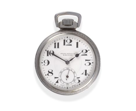 A Nickel Plated Open Faced Pocket Watch, signed Rolex Watch Co Railway, 1941, 15-jewel lever movement signed, enamel dial wit
