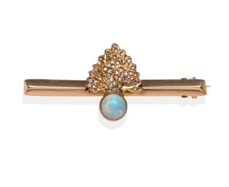 An Opal and Diamond Flaming Grenade Fusiliers Sweetheart Brooch, with a round cabochon opal in a yellow rubbed over setting w