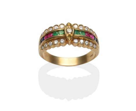 A Multi-Gemstone and Diamond Ring, a round brilliant cut diamond in a yellow marquise shaped setting between channel set pair