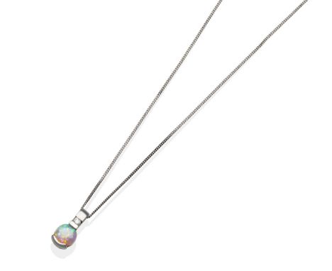 An Opal and Diamond Pendant, a round cut opal in a white rubbed over setting to a round brilliant cut diamond set bail, on a 