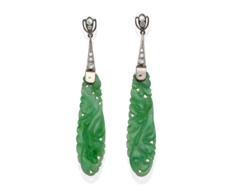 A Pair of Circa 1930s Jade and Diamond Drop Earrings, a white eight-cut diamond set trifoil stud suspends a tapering pavé set