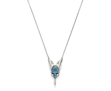 An Art Nouveau Style Silver Enamel and Pearl Necklace, by Liberty & Co., a stylised pendant enamelled in tones of blue and gr