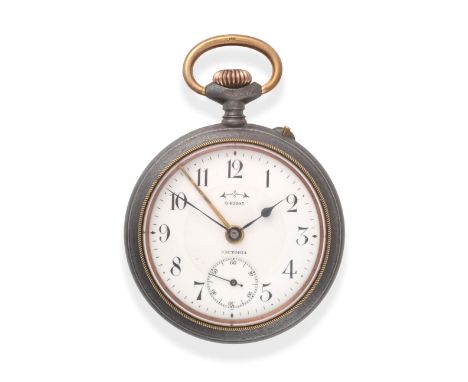 A Gun Metal Alarm Pocket Watch, signed Victoria, circa 1915, lever movement, enamel dial with Arabic numerals signed and numb