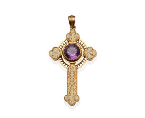 An Amethyst and White Enamel Celtic Cross Pendant, a round cut amethyst in a yellow rubbed over setting with a floral motif i