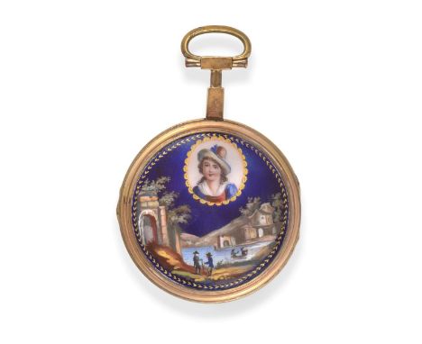 A Gilt Metal Enamel Consular Pocket Watch, circa 1810, gilt fusee verge movement numbered 910, three armed balance, balance b