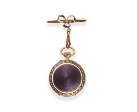 A Lady's 15ct Gold Enamel Brooch Fob Watch, 1908, lever movement, enamel dial with Blue Arabic numerals, case decorated with 