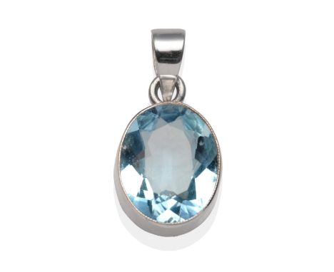 An 18 Carat White Gold Aquamarine Pendant, an oval cut aquamarine in a rubbed over setting, length 1.75cm see illustration Th
