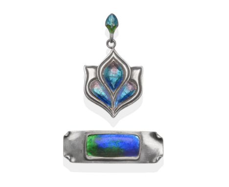 A Queensway Enamel Pendant, of floral design and enamelled in tones of blue and purple, suspended from an enamel bail, measur