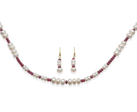 A Cultured Pearl and Ruby Bead Necklace and Earring Suite, graduated cultured button pearls spaced by groups of polished ruby