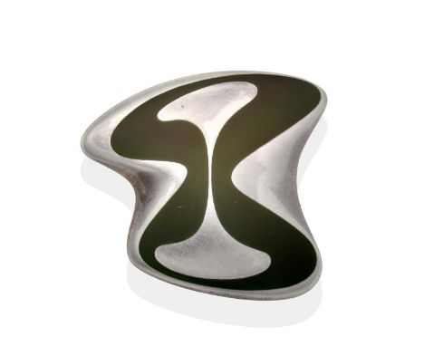 A Silver and Enamel Georg Jensen Brooch, Designed by Henning Koppel, model number 315, of abstract form with green enamel, me