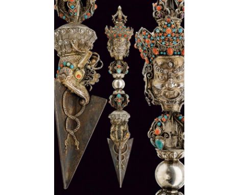 dating: 19th Century provenance: Tibet, Of big size, with triangular iron blade and decorated with engraved silver snakes. Be