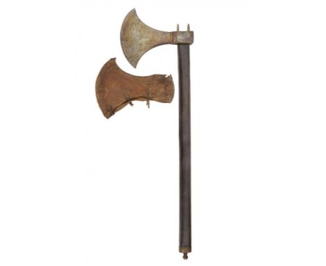 dating: 19th Century provenance: Italy, Heavy iron convex-edged axe, rectangular centre of crossguard, at the top two iron el