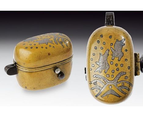 dating: Period (1603-1867) provenance: Japan, Made of bronze, shaped as a trunk, the lid decorated with two hares between sil