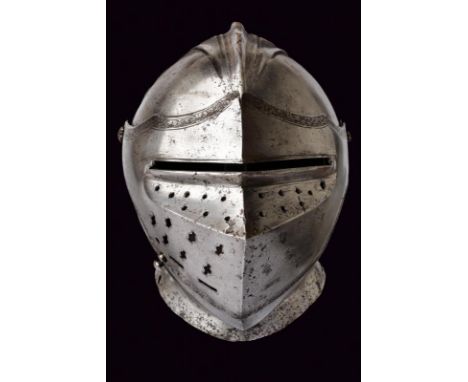 dating: 1540 circa provenance: Southern Germany, One-piece skull with a low, twisted comb. The sides with grooves featuring c