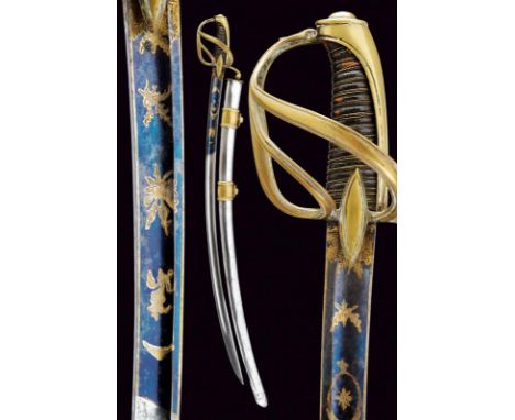dating: first quarter of the 19th Century provenance: France, Curved, single-and short false-edged blade, with fuller, blued 
