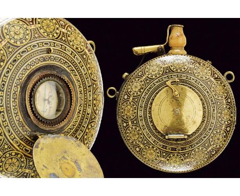dating: about 1620 provenance: Germany, Round, wooden body, flat at the base and convex at the top. Richly decorated with bon