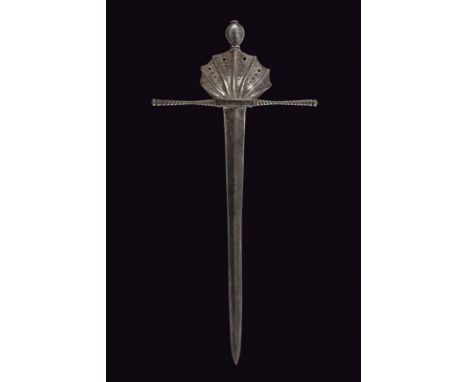 dating: 19th Century provenance: Europe, Straight, double-edged blade, ribbed in the middle. Iron quillon with parallelepiped