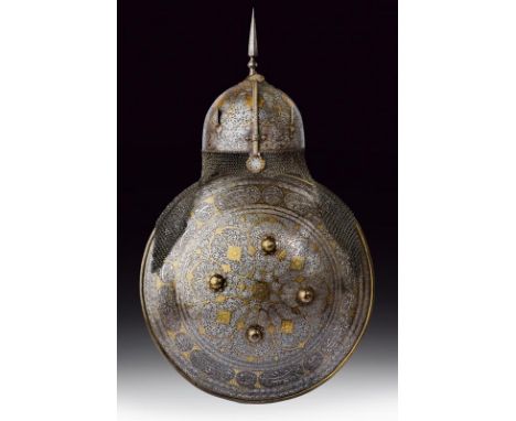 dating: Mid 19th Century provenance: Indopersia, Helmet with hemispherical iron skull, surmounted by a square cusp mounted on