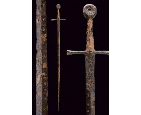 dating: 14th Century provenance: France, Straight, double-edged blade, ribbed in the middle, long, rectangular tang, quillon 
