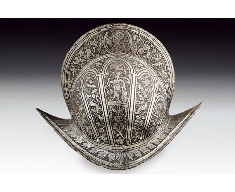 dating: 1570 - 1580 provenance: Italy, Iron skull worked in one-piece with the brim. The top with a mid-height comb with twis
