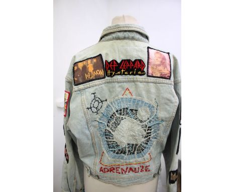 Original 1980s Fans Denim Jacket - With 11 x Def Leppard Original Patches and Embroidered back.Vintage light blue river islan