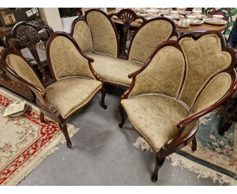 Three Piece Edwardian Inlaid Wood Salon Sofa Suite w/Chaise or Love-Seat - As Found 