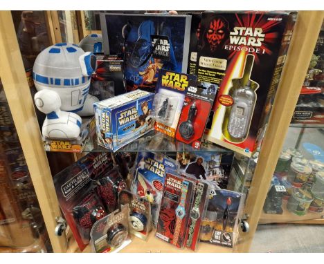 Two Shelves of Great Star Wars Collectables, mostly sealed, inc Walkie Talkies, Watches, Merlin Stickers inc approx 80 packs,