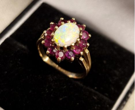 9ct Gold, Opal and Garnet Cluster Ring - size L, 2.6g