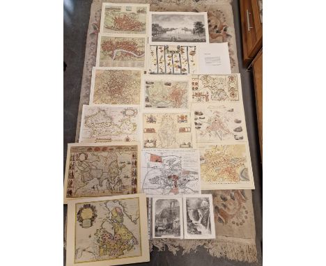 Collection of 13 Antique Map Prints, plus Three Etchings inc a Print of an 18th Century View of the White House at Kew - Maps