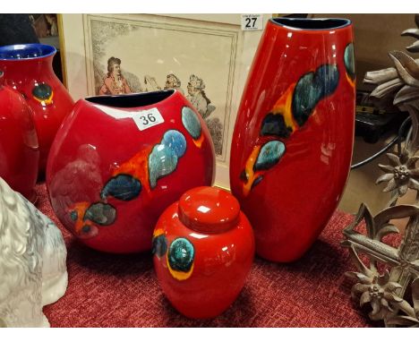A Pair of Red Poole Pottery Delphis/Odyssey Vases plus a Lidded Jar