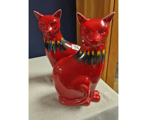 Pair of Poole Pottery Red Flambe Delphis Cat Figures - 29cm high