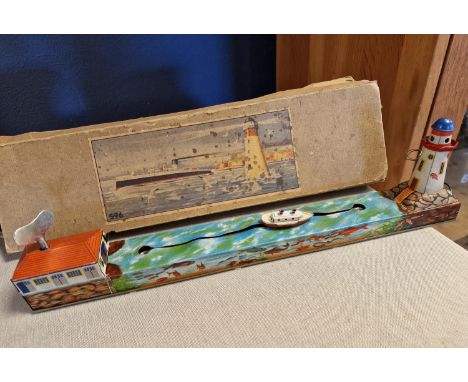 Arnold Pre-War Clockwork Shipping Lane Ship &amp; Lighthouse Toy - working with flashing light too (Box no 596 Made in German