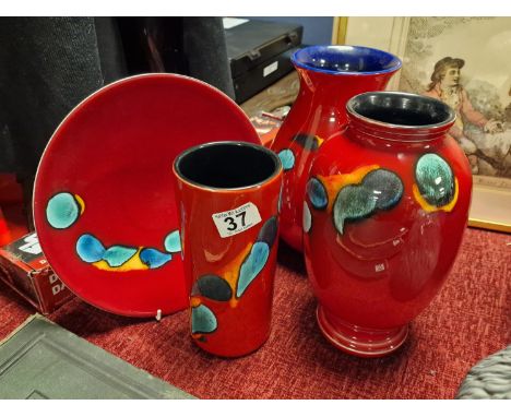Trio of Red Poole Pottery Delphis/Odyssey Vases + a Decorative Plate