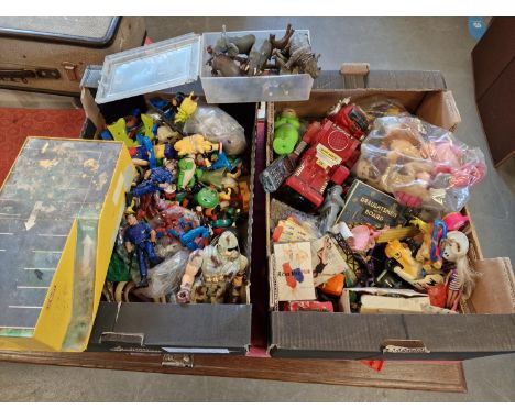 Two Boxes of Extensive Vintage Toys inc Magic Mike Robot, Hornby Railway Train Case, McDonalds Toys, Superhero Figures inc Ma